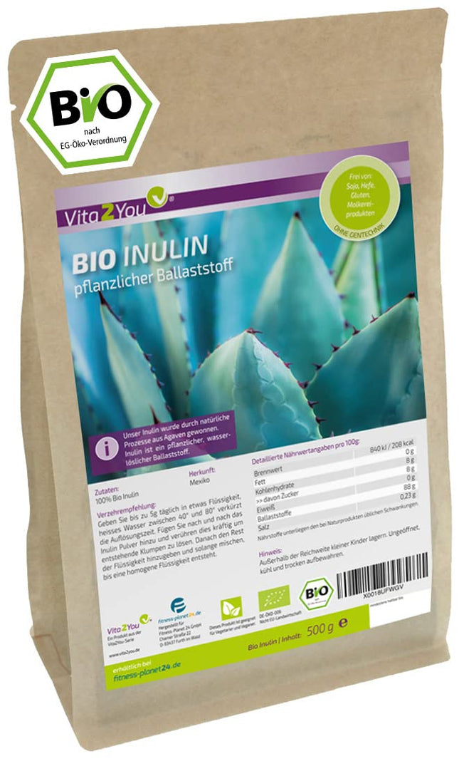 Vita2You bioloģiskais inulīna pulveris 500g - šķiedrvielas - prebiotikas - bioloģiski audzēts - laboratorijā pārbaudīts - bez glutēna - no agaves - augstākā kvalitāte