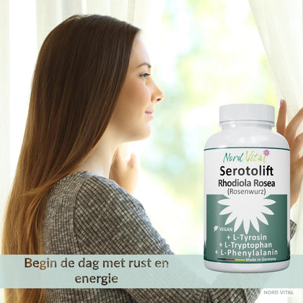 Nord Vital Serotolift - serotonīna un dopamīna prekursori - Rhodiola Rosea, L-triptofāns, L-tirozīns, L-fenilalanīns, hroms, cinks, vitamīni D3, B5, B6, B9 un B12 - vegāns - ražots Vācijā