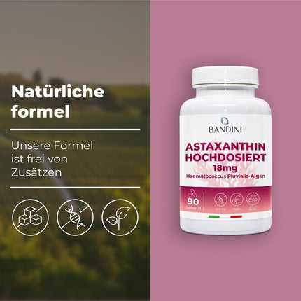 Bandini® Pure astaksantīns 18 mg kapsulā, 90 kapsulas (3 mēnešu piegāde), aļģes Haematococcus Pluvialis - dabīgs astaksantīns, bez magnija stearāta, bez ĢMO