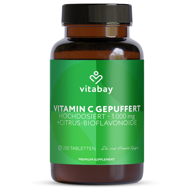 Vitabay C vitamīns ar augstu devu 1000 mg - 250 vegānas tabletes ar aizkavētu atbrīvošanos. Buferēts C vitamīns - C vitamīns ar citrusaugļu bioflavonoīdiem - C vitamīns ar aizkavētu atbrīvošanos - laboratoriski pārbaudīts.