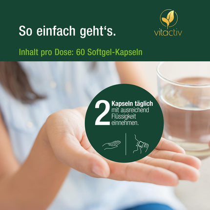 VITACTIV Omega 3 aļģu eļļas kapsulas - 60 kapsulas - jūras Omega 3 vegāns, augsta deva ar 1000 mg mikroaļģu eļļas vienā dienas devā - 450 mg Omega-3 taukskābes DHA un EPA (2:1) - sirdij, smadzenēm, acīm - laboratoriski pārbaudīts