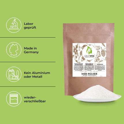 MSM pulveris 400g | 99,9% tīrība — augstākā kvalitāte | Metilsulfonilmetāns, organiskais sērs bez piedevām | GreatVita