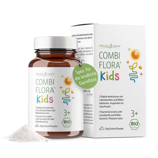 Combi Flora Kids Organic - 50 g - Ar Bifidobacterium un Lactobacillus bērniem - Pulveris ar mērkaroti - Ar 5 baktēriju celmiem bērniem no 3 gadu vecuma