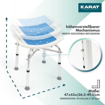 KARAT dušas krēsls - dušas krēsls ar regulējamu augstumu 37,5-49,5 cm - kravnesība līdz 136 kg - neslīdošs un stabils dušas sēdeklis - vannas krēsls - neslīdošas gumijas kājiņas (bez šķērsstieņiem)