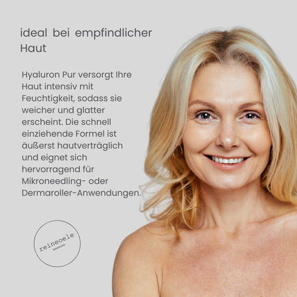 Tīrs hialuronskābes serums, augsta deva, vegāns, piemērots dermarolleram, bez alkohola, jutīgai ādai, 50 ml stikla pudelīte, tīras eļļas, Hyaluron Pur No20