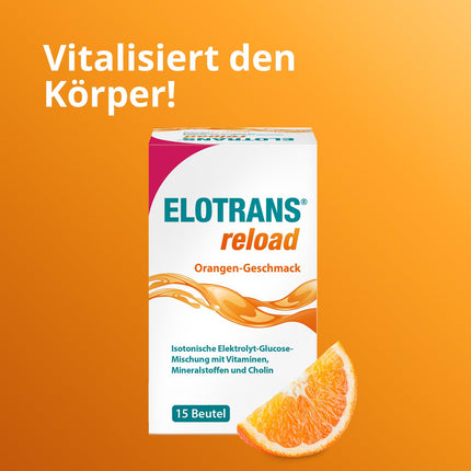 ELOTRANS reload - izotonisks elektrolītu-glikozes maisījums - uztura bagātinātājs ar magniju, kālija hlorīdu, holīnu un B vitamīniem - 1 x 15 paciņas