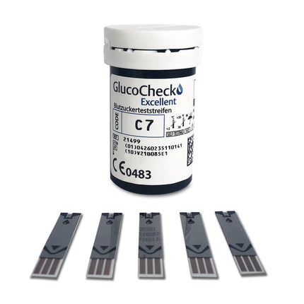 GlucoCheck Excellent asins glikozes testa strēmeles, 50 strēmeles glikozes līmeņa asinīs pārbaudei