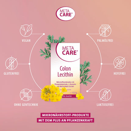 META CARE Colon Lecithin – Augstas kvalitātes fosfatidilholīns – L-glutamīns – Augu izcelsmes uztura bagātinātājs ar vērmeles lapu ekstraktu – Augsta deva – Vegāns – 180 kapsulas