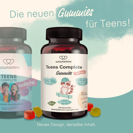 wowtamins Teens Complete bez cukura - vitamīni pusaudžiem (30 dienu piegāde) - multivitamīnu gumijas konfektes ar Omega 3 - uztura bagātinātājs imūnsistēmai ar C, D3, B12 vitamīniem, cinku un citiem vitamīniem