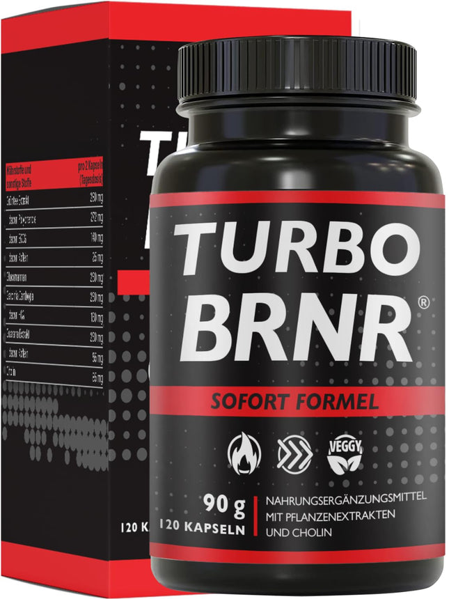 BRNR TURBO BRNR tūlītējas vielmaiņas formula ar holīnu, zaļās tējas ekstraktu, glikomanānu, garciniju, guarānu, 120 kapsulas