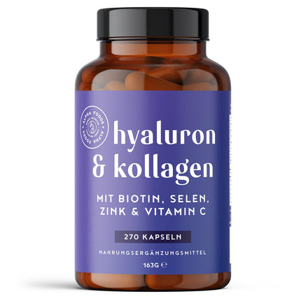 Hialuronskābes un kolagēna komplekss | 270 kapsulas | Augsta hialuronskābes, biotīna, selēna, cinka, C vitamīna un bambusa ekstrakta deva | Hialuronskābes kolagēna komplekss | Āda, mati, nagi | Alfa pārtikas produkti