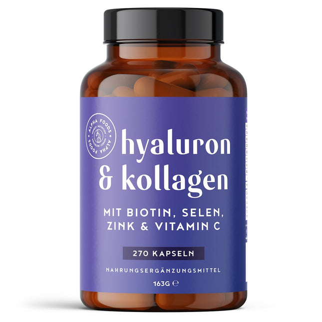 Hialuronskābes un kolagēna komplekss | 270 kapsulas | Augsta hialuronskābes, biotīna, selēna, cinka, C vitamīna un bambusa ekstrakta deva | Hialuronskābes kolagēna komplekss | Āda, mati, nagi | Alfa pārtikas produkti