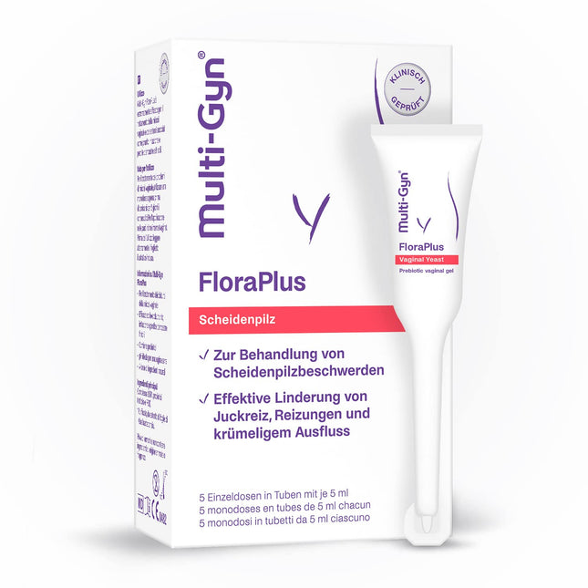 Multi-Gyn FloraPlus intīmais krēms 5 ml - maksts infekciju (kandidozes) ārstēšanai - 5 vienreizējas devas tūbiņas - tūlītēja niezes, kairinājuma un izdalījumu samazināšana. Ar prebiotikām