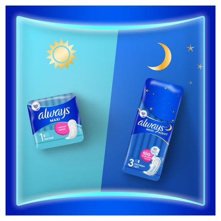 Always Maxi higiēniskās paketes sievietēm, 1. izmērs, normāla izmēra (9 paketes), mīkstas un ļoti absorbējošas, neitralizē smakas un aizsargā pret noplūdēm
