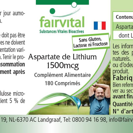Fairvital | Litija aspartāts 1500 μg - 180 tabletes - Organiski saistīts litijs - Augsta biopieejamība - Kvalitātes pārbaude un liela deva - 100% vegāns - Ražots Vācijā