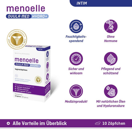menoelle® OVULA med Hydro+ maksts sausuma, dedzināšanas, niezes, saspringuma un kairinātas vai iekaisušas maksts gļotādas ārstēšanai – bez hormoniem un reģenerējoša. 10 svecītes.