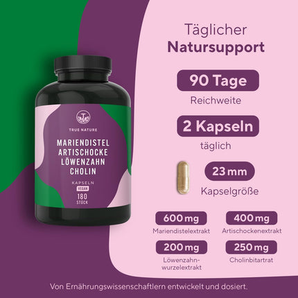 Piena dadža artišoku pienenes holīns – 180 kapsulas – 600 mg piena dadža ekstrakta (480 mg silimarīna) – Atbalsta aknas ar holīnu* – Ar augu rūgtvielām – Vegāns – TRUE NATURE®