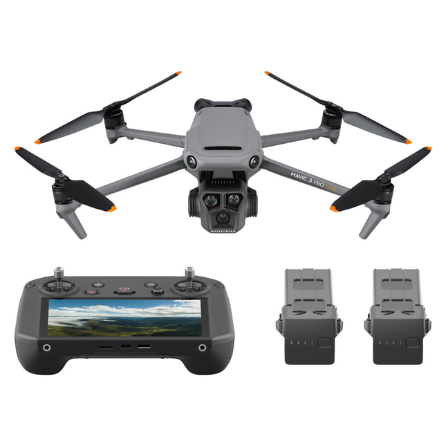DJI Mavic 3 Pro Cine ar DJI RC Pro (izgaismots sākuma ekrāns), vadošais drons ar trīskāršu kameru, Apple ProRes atbalsts 3 kamerām un 1 TB krātuve, trīs viedās lidojuma baterijas un citas funkcijas.