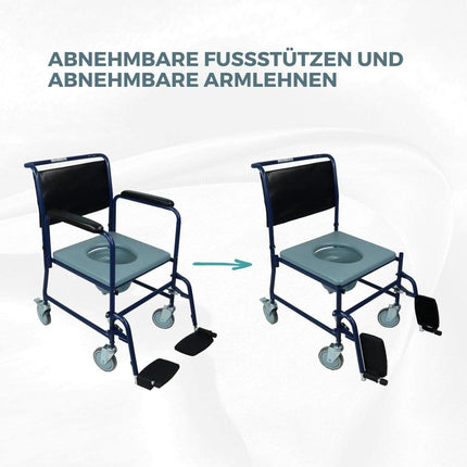 Mobiclinic, tualetes krēsls ar riteņiem, Barco, Eiropas zīmols, tualetes poda sēdeklis vecāka gadagājuma cilvēkiem un cilvēkiem ar invaliditāti, tualetes poda sēdeklis, salokāmi roku balsti, noņemami kāju balsti, vāks, stāvbremze, zils
