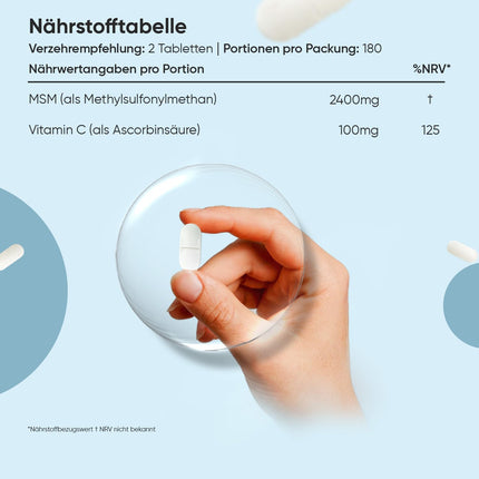 MSM 2400 mg ar 100 mg C vitamīna - 360 vegānas tabletes 6 mēnešu krājumam - Metilsulfonilmetāns un C vitamīns - Alternatīva kapsulām un pulverim - Bez glutēna un magnija stearāta - WeightWorld