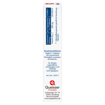 Doppelherz B12 vitamīns 500 - augsta deva ar 500 µg B12 vitamīna vienā tabletē - vegāns - 30 mini tabletes
