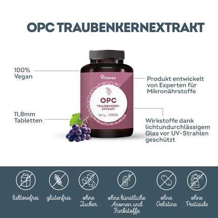 OPC vīnogu kauliņu ekstrakts - augsta deva ar 95% tīru OPC - no franču vīnogām - laboratorijā pārbaudīts (HPLC metode), vegāns - 180 tabletes - Vitavea