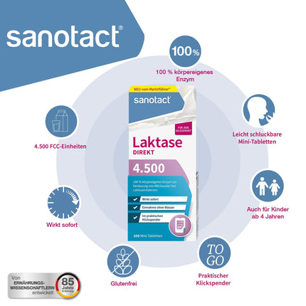 sanotact Lactase Direct 4500 mini tabletes – 100 gab. | Laktozes nepanesības gadījumā | Tūlītēja iedarbība | Var lietot bez ūdens | Praktisks dozators ar klikšķi