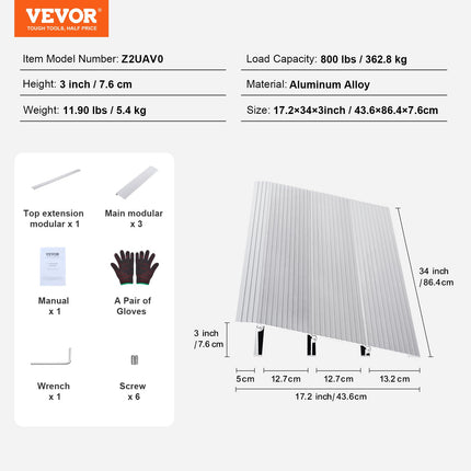 VEVOR durvju sliekšņa rampa 43,6 x 86,4 x 7,6 cm ratiņkrēslu rampa 362,8 kg celtspēja alumīnija sakausējuma apmales rampa modulāra konstrukcija sliekšņa rampa neslīdoša alumīnija rampa rampa