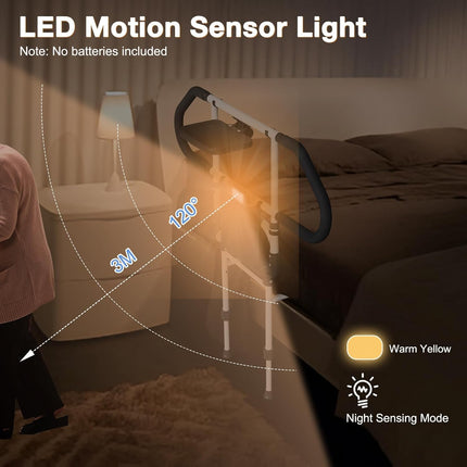 CozyGoo gultas pacēlājs ar sensoru apgaismojumu un augstuma regulēšanu, ergonomiska gultas margas senioriem, izvelkama kritiena aizsardzība ar salocīšanas funkciju, stabila un droša visiem gultas izmēriem
