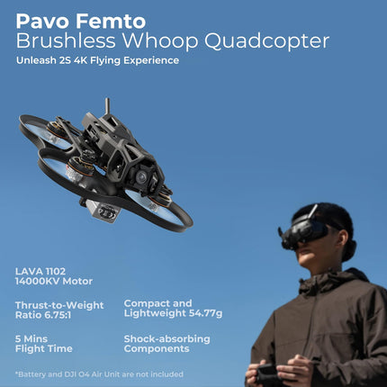 BETAFPV Pavo Femto bezkontaktu kvadrokopters, 2S kabatas drons ar HD VTX kronšteinu DJI O4 gaisa vienībai, F4 2-3S 20A FC, 1102 | 14000KV motors vienmērīgai aerofotogrāfijas lidojumam brīvā stilā