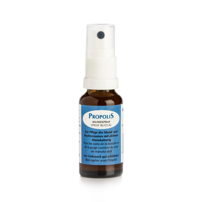 Propolisa aerosols rīkles, mutes dobuma un rīkles kopšanai - ar Jaunzēlandes Manuka medu, C vitamīnu, eikaliptu un piparmētru - mazina iekaisušu kaklu, elpošanas grūtības un sliktu elpu.