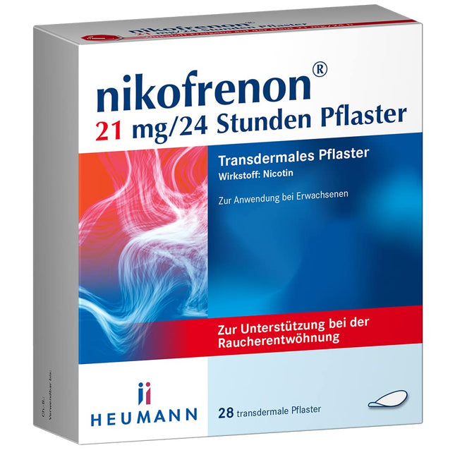 nikofrenon 21 mg/24 stundu plāksteris - nikotīna plāksteri smēķēšanas atmešanas atbalstam, mazina abstinences simptomus nikotīna atkarības gadījumā, transdermālie plāksteri, 24 stundu iedarbība, 28 plāksteri