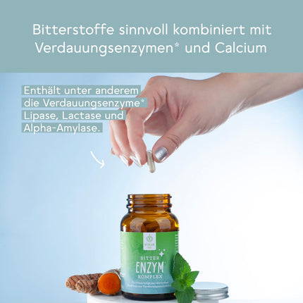 BitterLiebe Bitter Enzyme* kompleksa kapsulas ar 5 gremošanas enzīmiem - pret vēdera uzpūšanos - ar papaīnu, laktāzi, alfa-amilāzi, lipāzi un proteāzi - mēneša iepakojums
