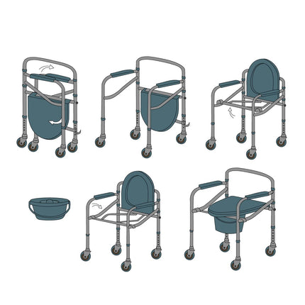 Mobiclinic®, Kumodes krēsls ar riteņiem, Muelle, Eiropas zīmols, Vecāka gadagājuma cilvēkiem un cilvēkiem ar invaliditāti, Neslīdošs, Vāks, Polsterēti roku balsti, Hromēts tērauds, Regulējams augstums, Viegli izvelkams spainis