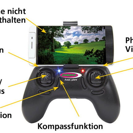 JAMARA 422029 - Angle 120 Altitude HD Wifi VR, inkl. VR-Brille, Altitude Hold Adjustment, Kompass/Flyback, Track following - Flugbahn-Planung-Modus,120° Weitwinkel-Kamera,Unterspannungswarnung,40 KM/h