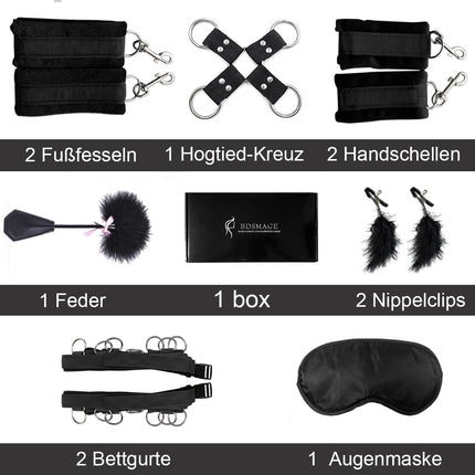 BDSMAGE BDSM komplekts ar 7 daļām, SM gultas piederumi, spalvu pātaga un acu maska, roku dzelži, potīšu aproces, spalvas, krūtsgala skavas, fetiša seksa rotaļlieta, ekstremālas bondage komplekts piestiprināšanai pie gultas pāriem