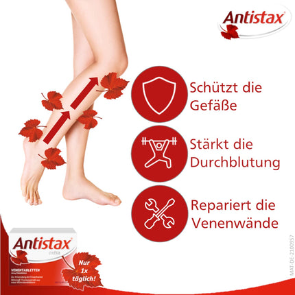 Antistax extra vein tabletes, apvalkotās tabletes 360 mg, 30 tabletes, ar sarkano vīnogulāju lapu ārstniecisko spēku, smagām un pietūkušām kājām, nakts krampjiem ikru muskuļos un venozai nepietiekamībai