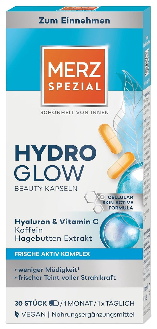 Merz Spezial Hydro Glow skaistuma kapsulas – 1 x 30 kapsulas – vegānisks uztura bagātinātājs ar hialuronskābi un C vitamīnu – skaistumkopšanas rutīna jūsu ādai – skaistums no iekšienes