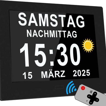 Véfaîî 2025. gada jaunais, 19 modinātājpulkstenis ar elektronisku dienas datumu un kalendāru, nesaīsināts dienas datums, liels pulkstenis senioriem ar demenci un Alcheimera slimību - ar tālvadības pulti - 8 collas ar tālvadības pulti