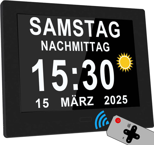 Véfaîî 2025. gada jaunais, 19 modinātājpulkstenis ar elektronisku dienas datumu un kalendāru, nesaīsināts dienas datums, liels pulkstenis senioriem ar demenci un Alcheimera slimību - ar tālvadības pulti - 8 collas ar tālvadības pulti