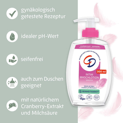 CD Wohlfühl Intim Wash Lotion, 300 ml, losjons intīmās zonas maigai attīrīšanai, ar dzērveņu ekstraktu un pienskābi, ķermeņa kopšana bez ziepēm, smalks aromāts, vegāns