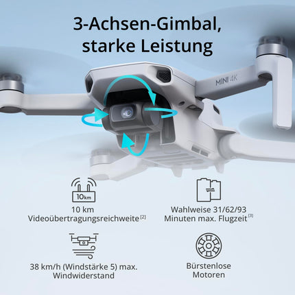DJI Mini 4K, drons ar 4K UHD kameru pieaugušajiem, svars zem 249 g, 3 asu kardāna stabilizācija, 10 km video pārraide, automātiska. Atdeve, vēja pretestība, 1 akumulators 31 minūtes lidojuma laikam, C0, QuickShots
