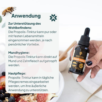 BEE&amp;YOU propolisa tinktūra, propolisa pilieni 20% (30ml) standartizēti, piedevas, propolisa ekstrakts, kas bagāts ar labvēlīgajiem polifenoliem un flavonoīdiem, pievienojams muslim un jogurtam.
