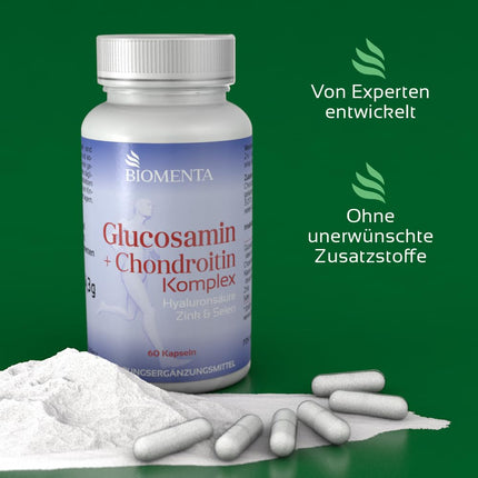 BIOMENTA glikozamīna + hondroitīna komplekss - 60 alergēnu nesaturošas augstas devas kapsulas ar glikozamīna sulfātu, augstas devas hondroitīna sulfātu + hialuronskābi, cinku, selēnu - augstākā kvalitāte