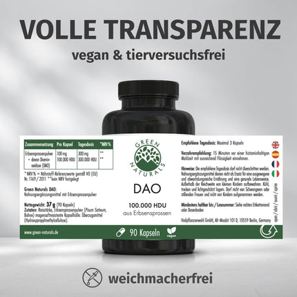 DAO kapsulas VEGĀNS — augsta deva: 100 000 HDU — 100 mg zirņu asnu pulvera vienā kapsulā vienkāršai dozēšanai — aptiekas kvalitāte — 90 kapsulas — Green Naturals®