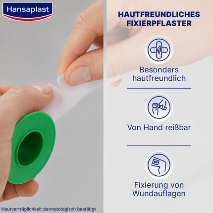 Hansaplast fiksācijas plāksteris jutīgajam (5 m x 2,5 cm), hipoalerģiska lente brūču pārsēju ādai draudzīgai fiksācijai, līmplākstera rullis ar spēcīgu līmes izturību (3 gab. iepakojumā)