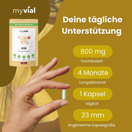 MSM kapsulas ar augstu devu 120 gab. – 800 mg metilsulfonilmetāna + organisks acerolas pulveris – vegāns – bez piedevām – bez plastmasas – ražots Vācijā – dabīgs sērs