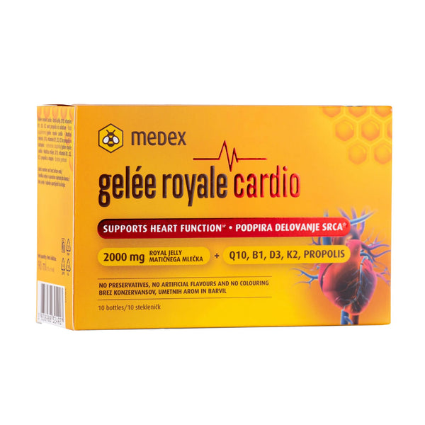 Medex Royal Jelly Cardio 2000 mg - sirds vitamīni - ar peru pieniņu, Q10, B1, D3, K2 vitamīniem un propolisu - uztura bagātinātājs - 10 ampulas - 10 dienas