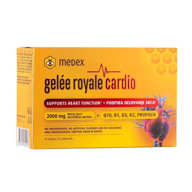 Medex Royal Jelly Cardio 2000 mg - sirds vitamīni - ar peru pieniņu, Q10, B1, D3, K2 vitamīniem un propolisu - uztura bagātinātājs - 10 ampulas - 10 dienas