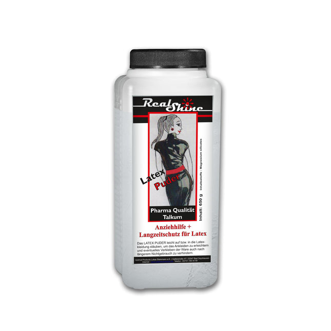 Optimal Products lateksa pulveris REALSHINE 650 g I balts talka pulveris, kas piemērots kā pārsiešanas līdzeklis lateksa apģērbam, lateksa cimdiem un to uzglabāšanai I bez smaržas, farmaceitiskas kvalitātes talks, antistatisks